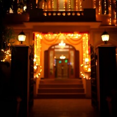 Obraz premium A house decorated with Diwali lights shows off the festive illumination at the entrance with bokeh effect against a blurred background during the evening celebration.