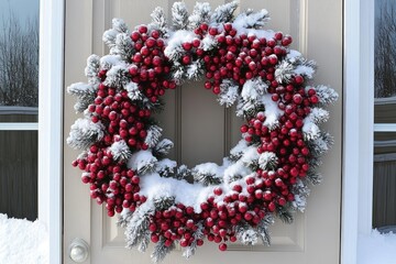 Beautiful winter wreath adorned with red berries and snow on a door during the holiday season