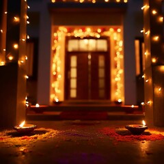 A house decorated with Diwali lights shows off the festive illumination at the entrance with bokeh effect against a blurred background during the evening celebration.