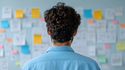 Man facing idea board with sticky notes. Rear view of person brainstorming on wall covered in notes.
