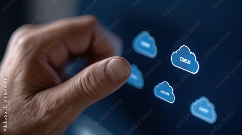 Poster hand interacting with digital cloud icons on a touchscreen interface. close-up shot of cloud computi
