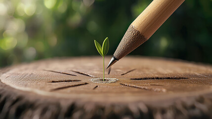 A pencil pointing at a small green plant sprouting from a tree stump, Analyzing quarterly goals for optimal short-term profitability.