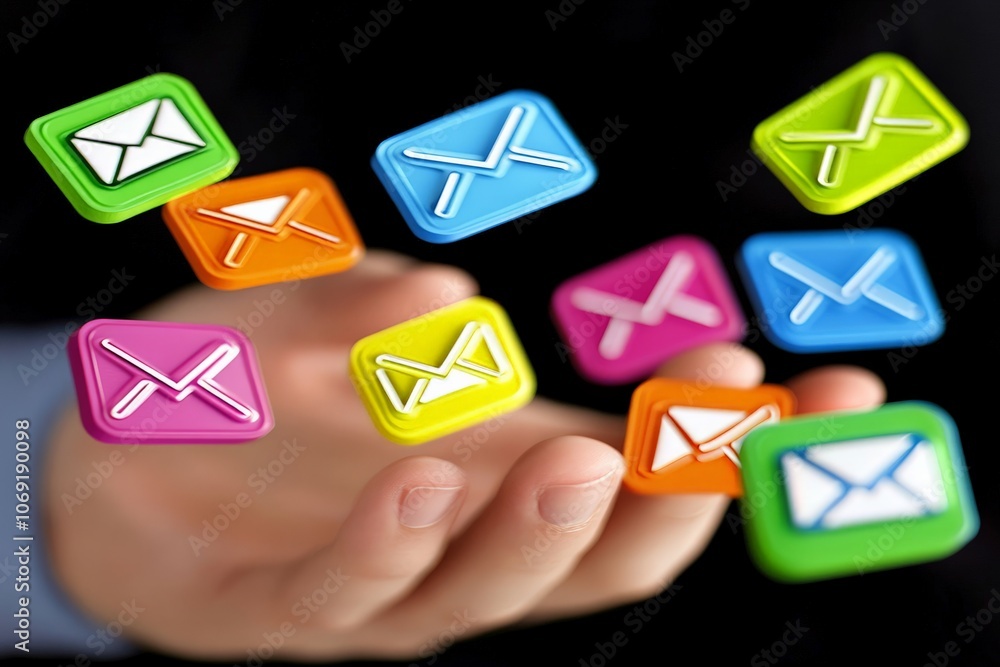 Poster bright digital envelope icons in hand against black background symbolizing colorful virtual messagin