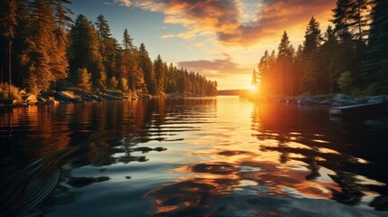 Fototapeta premium A tranquil river mirrors the stunning sunset, framed by lush trees, creating a peaceful atmosphere