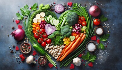 organic and fresh vegetables in heart shape on background. vegan or vegetarian concept. healty...