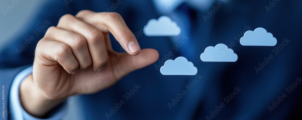 Poster businessman hand interacting with cloud icons in a digital concept. cloud computing and network tech