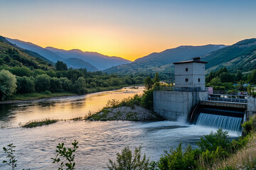 Sunset view over a tranquil river and dam in the mountains