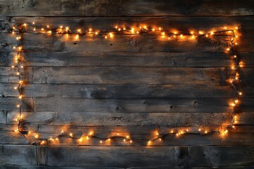 Fototapeta premium Warm lights framed by green garland on rustic wood for the holiday season