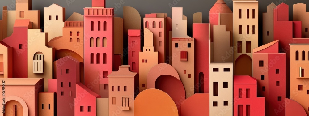 Poster abstract cityscape design featuring intricate cut-out building shapes on a textured paper background
