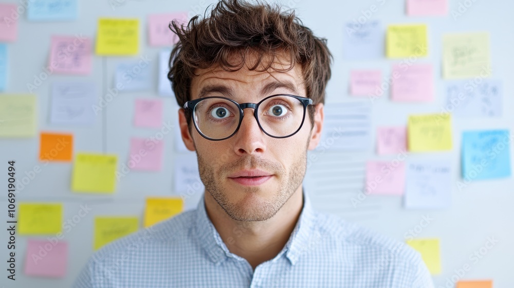Aufkleber surprised man with glasses looking at camera in front of wall covered with colorful sticky notes.