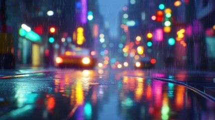 Obraz premium Bokeh effect of colorful traffic lights shimmering on a rainy street creating an artistic urban atmosphere