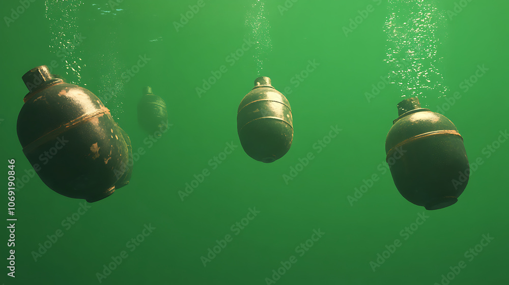 Poster 3d rendering on the green screen , naval underwater mines, explosive bombs floating