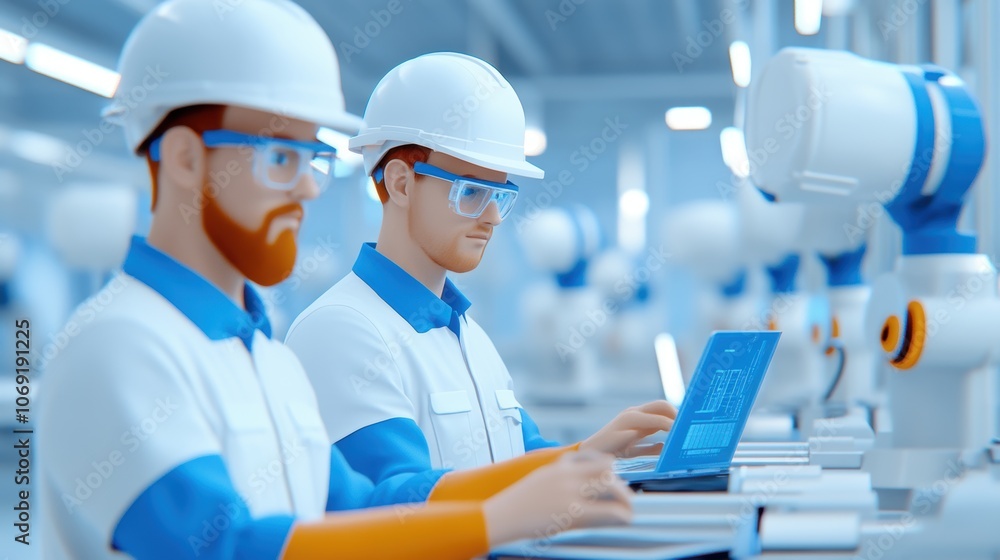 Aufkleber engineers in white and blue uniforms working with laptops in a high-tech factory environment.