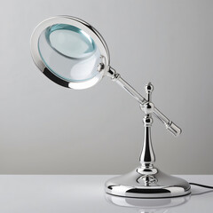 Glass Magnifying Lamp Sculpture with Silver Arm and Clear Lens, Generative AI