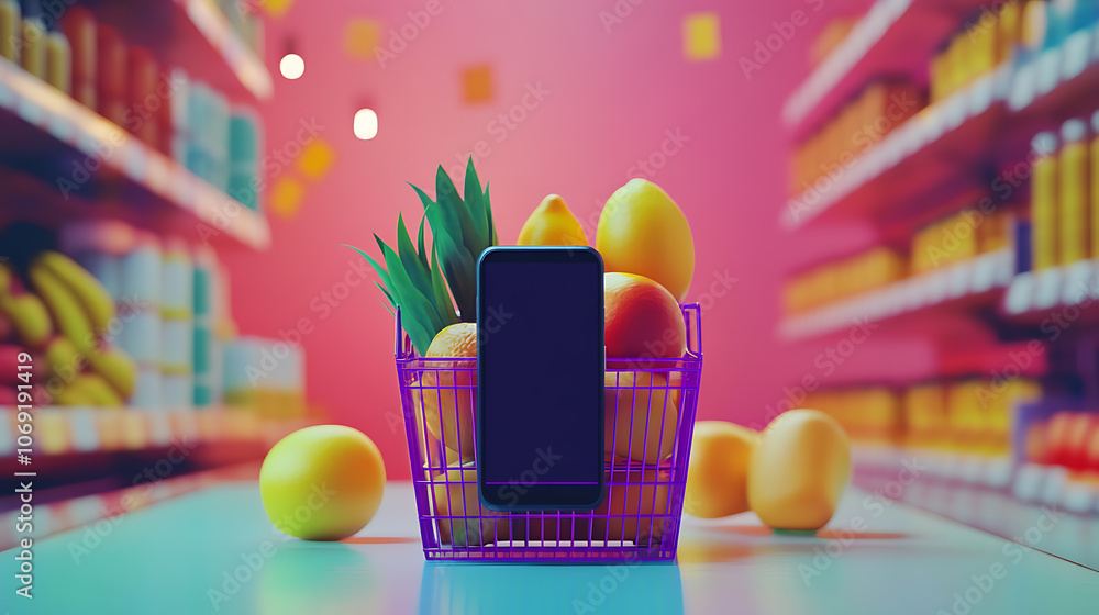 Poster A message or notification for regular customers on the mobile phone screen about discounts on products in the supermarket, basket with a set of products