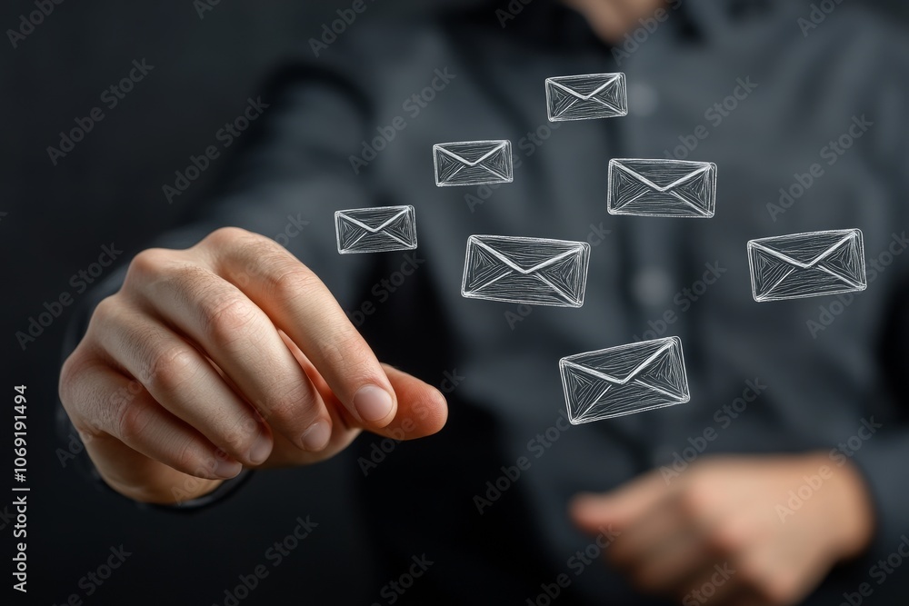Poster hand reaching toward digital floating envelopes in dark minimalist space symbolizing targeted messag