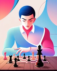 Intense Chess Strategy Game Illustration Featuring a Young Player Focused on Board Moves