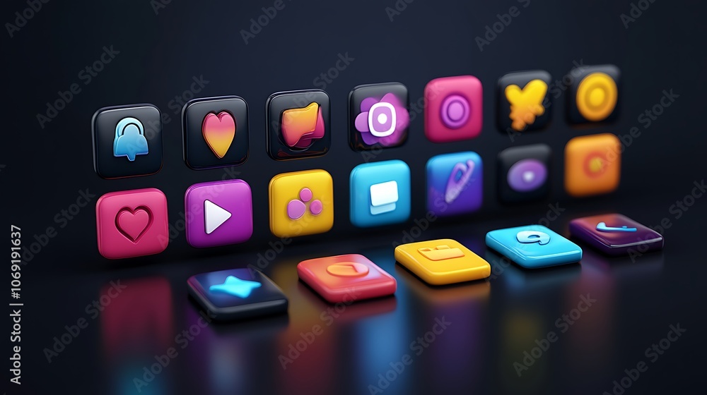 Poster modern colorful 3d app icons highlighted by dark background image
