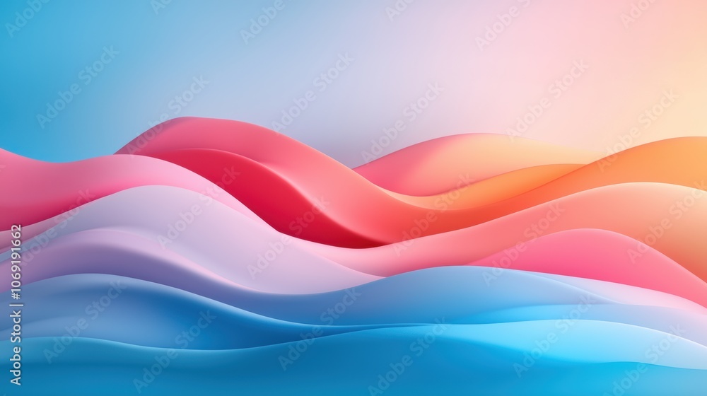 Poster abstract 3d gradient waves in pink, orange, and blue tones creating a smooth flowing pattern on a gr