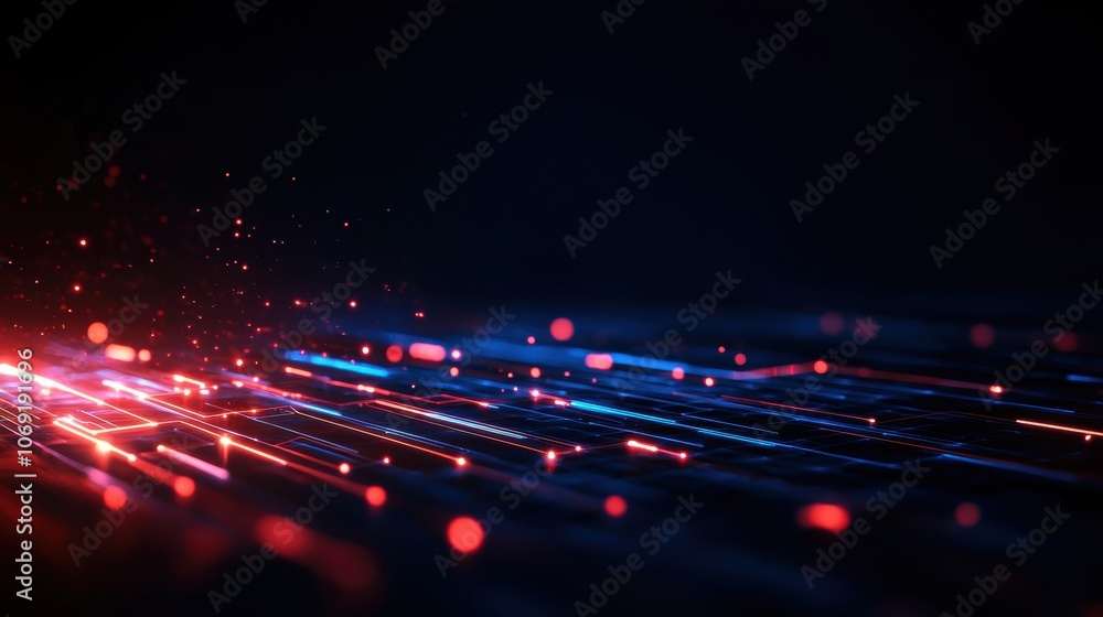 Poster futuristic digital network with glowing red and blue lines on a dark background. technology and conn