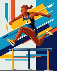 Dynamic Illustration of Female Athlete Jumping Over Hurdles in Striking Graphic Design