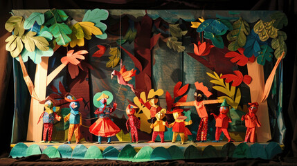 Colorful Puppet Theater Scene with Vibrant Costumes and Lush Forest Backdrop in a Creative Artistic Display