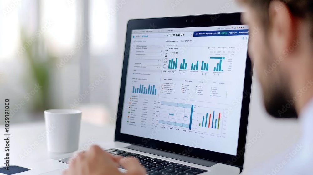 Poster businessman analyzing data on laptop screen with charts and graphs.