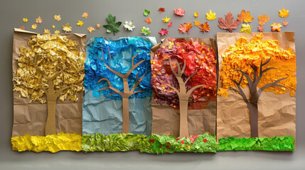 Creative Four Seasons Tree Collage with Colorful Paper Leaves Representing Spring, Summer, Autumn, and Winter on Gray Background