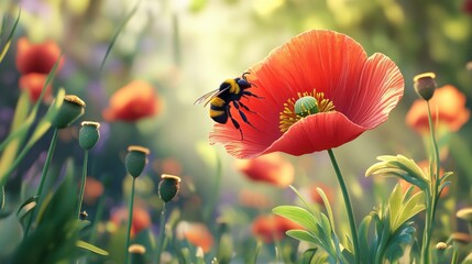 Vibrant red poppy flower with a busy bumblebee collecting nectar showcasing the beauty of nature and pollination