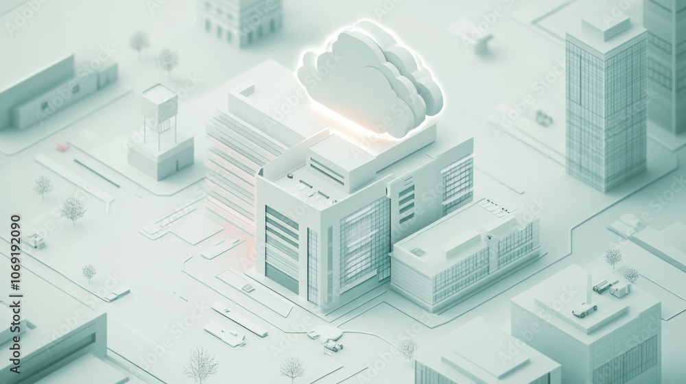 Poster cloud computing concept with illuminated cloud icon above a digital city model.