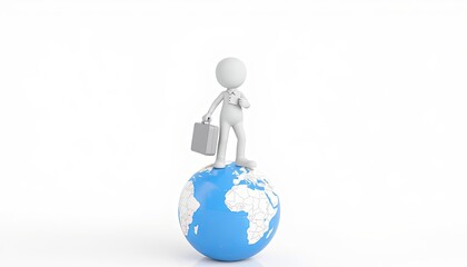 3D Stick Figure Traveler: Minimalist Globe-Trotting Character with Copy Space for Travel Content