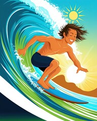 Energetic Young Surfer Riding the Waves at Sunset with a Joyful Expression