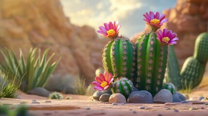 Mature flowering cactus displaying vibrant blossoms perfect for desert themed decor or gardening inspiration