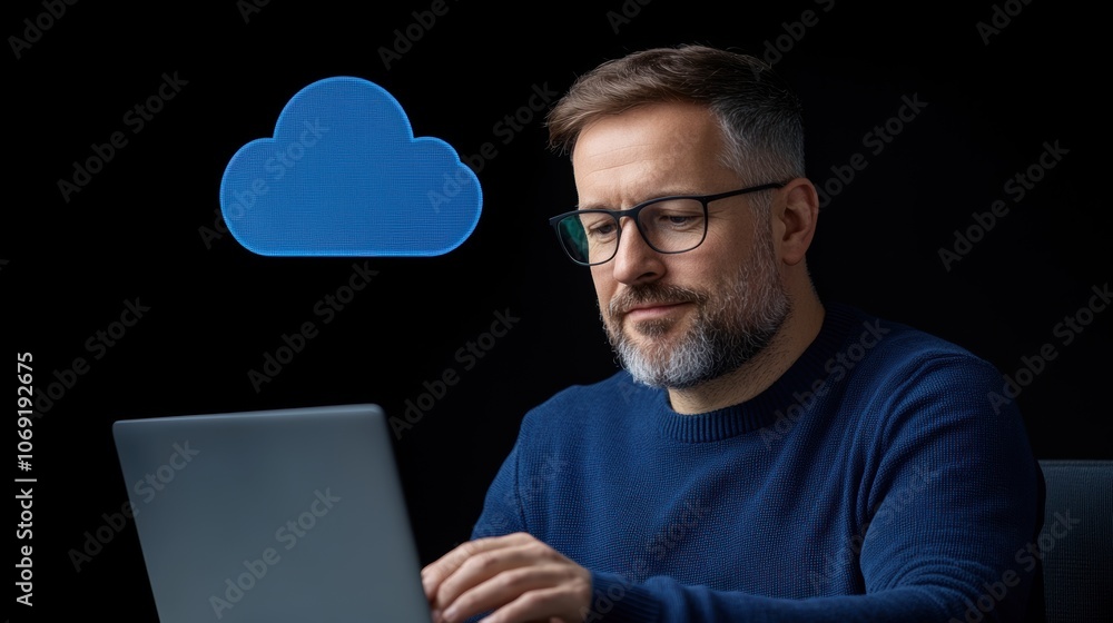 Poster bearded man working on laptop with cloud icon on black background. cloud computing and remote work c
