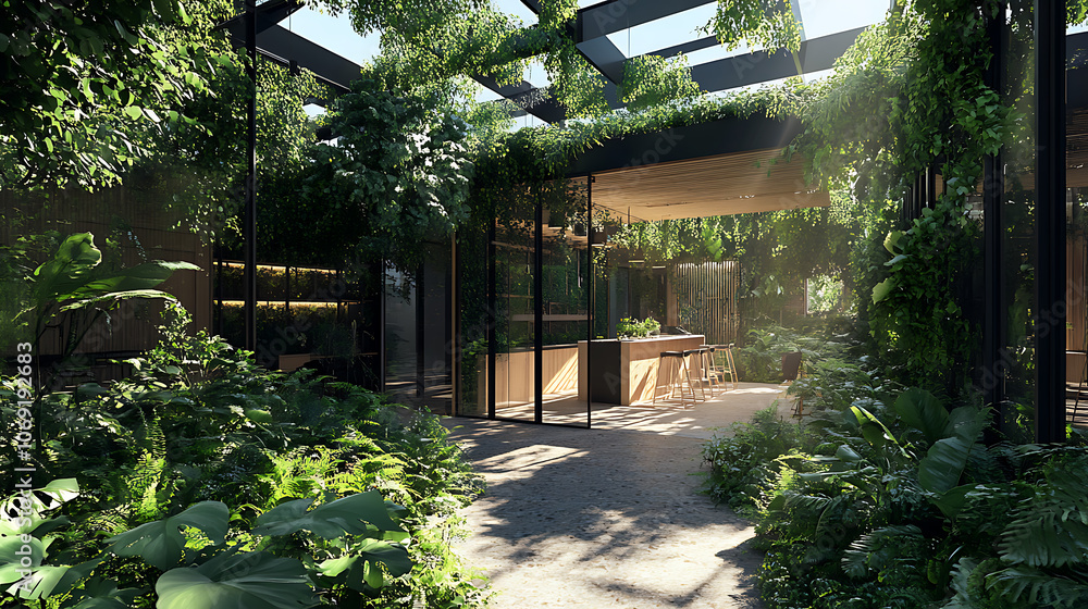 Poster biophilic architecture design with lush vegetation and greenery, building providing connection to na