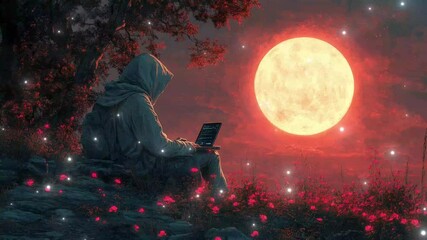 A hooded hacker types away as a magical moon illuminates the night. glitch stream overlay seamless loop Vtuber streamer asset twitch zoom OBS screen animated wallpaper virtual backgrounds
