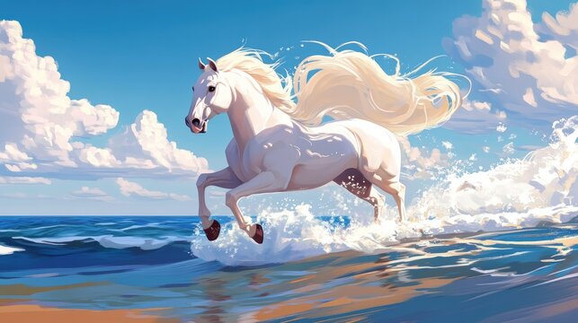 Majestic Camargue horse galloping through the shimmering waves of the sea capturing the essence of freedom and grace