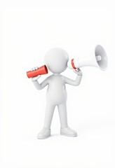 3D stick figure leader with megaphone, minimalist white design, ideal for leadership presentations and communication themes with copy space
