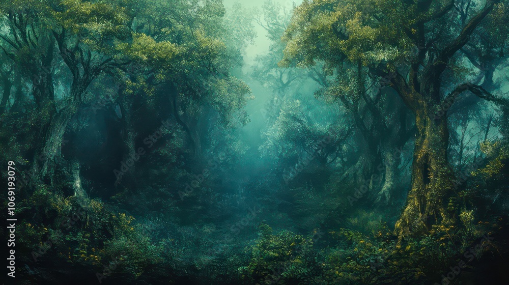Poster a misty forest scene with dense trees and a mysterious atmosphere.