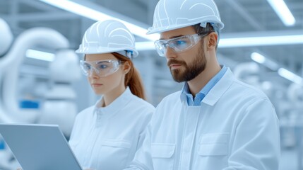 Engineers in protective equipment analyzing data on laptop in modern manufacturing facility