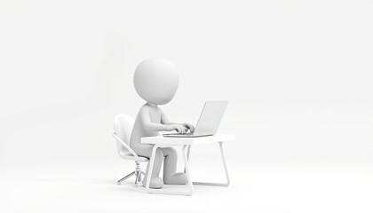 3D stick figure software developer, minimalist white style, ideal for tech presentations with copy space
