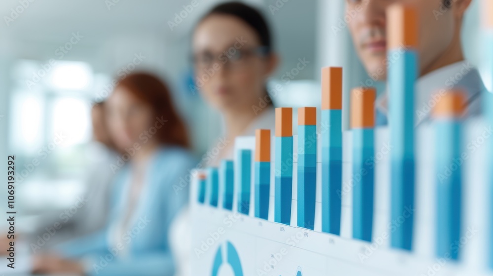 Poster close-up of colorful bar chart with blurred business team in background