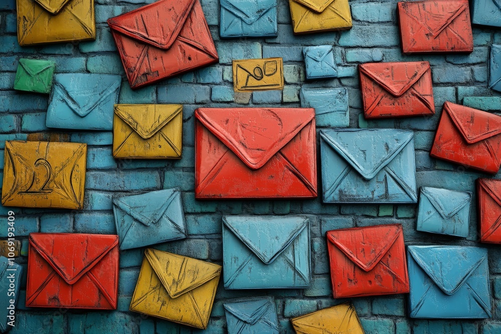 Aufkleber colorful envelopes arranged on textured wall representing organized communication visual message sto