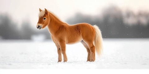 Fototapeta premium Adorable chestnut-colored pony standing in snowy field