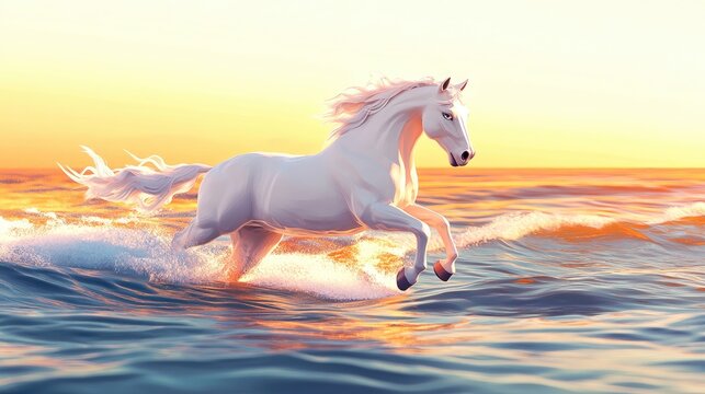 Majestic Camargue horse galloping through the shimmering waves of the sea capturing the essence of freedom and grace