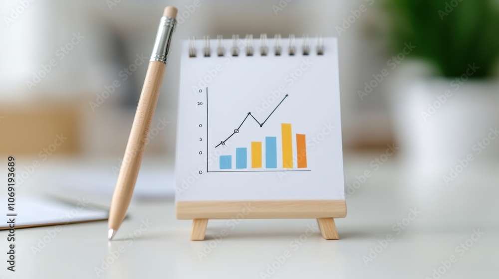 Poster notebook with bar chart on easel and pencil on desk. close-up office workspace.