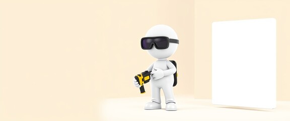 3D Stick Figure Construction Worker Minimalist DIY Project Safety Goggles Drill Copy Space