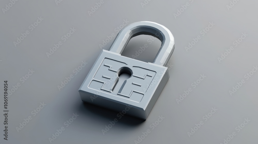 Poster silver padlock with keyhole and maze pattern on a grey background. close-up concept of security and 