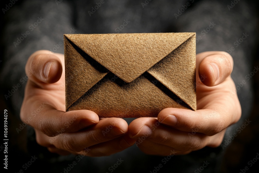 Poster hands holding golden envelope with sparkles symbolizing premium communication magical messaging and 
