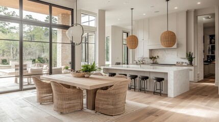Modern Kitchen Dining Area with Large Windows and Natural Elements